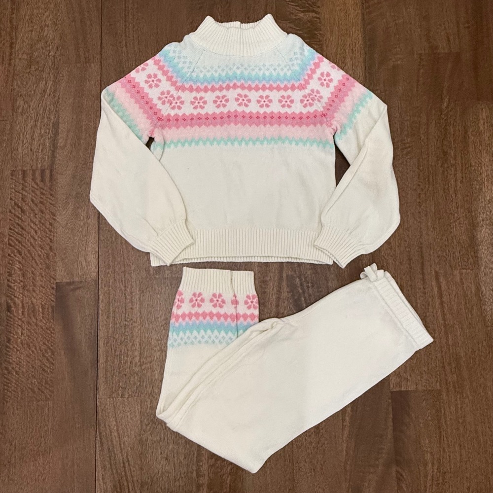 NEW Janie and Jack Kids Fair Isle Sweater and Knit Pants Set Cream Pink Floral 7